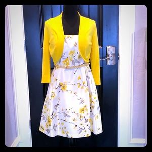 Yellow /white floral satin dress with sweater
